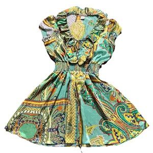 Arden B Boho Paisley Ruffle Mini Dress Green Multicolor Smocked Waist Size S